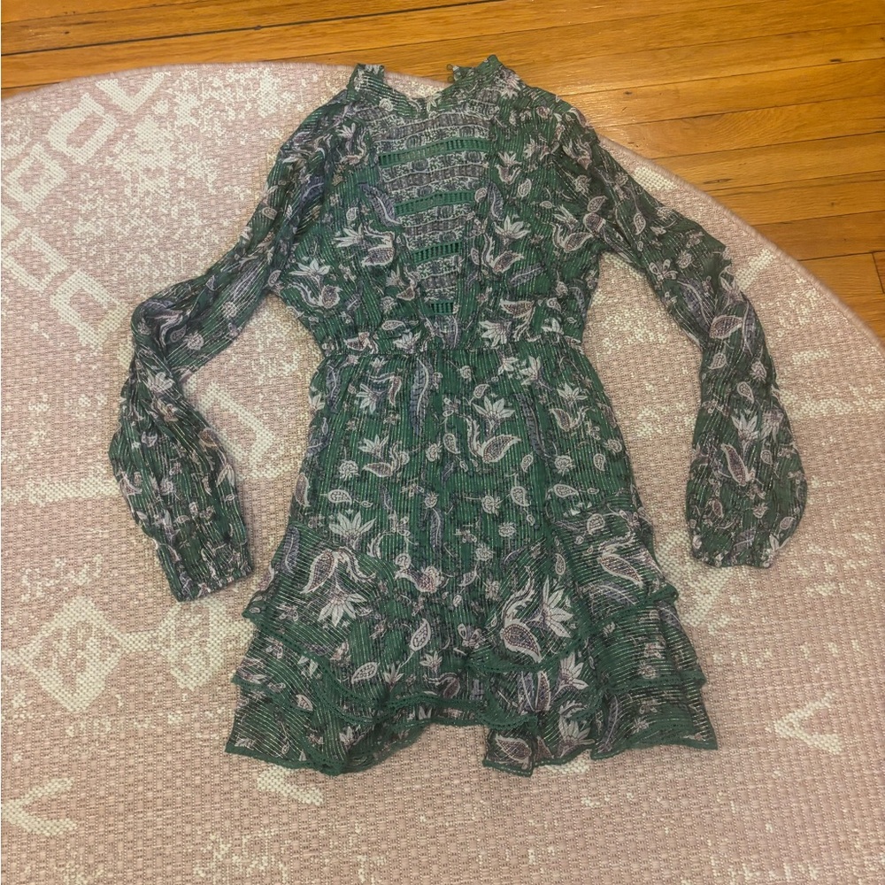 HEMANT & NANDITA Emerald and Cream Long Sleeve Dress